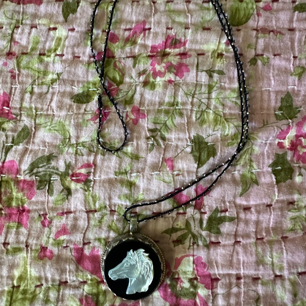 Black and White Horse Cameo Pendant with seed Pearl string